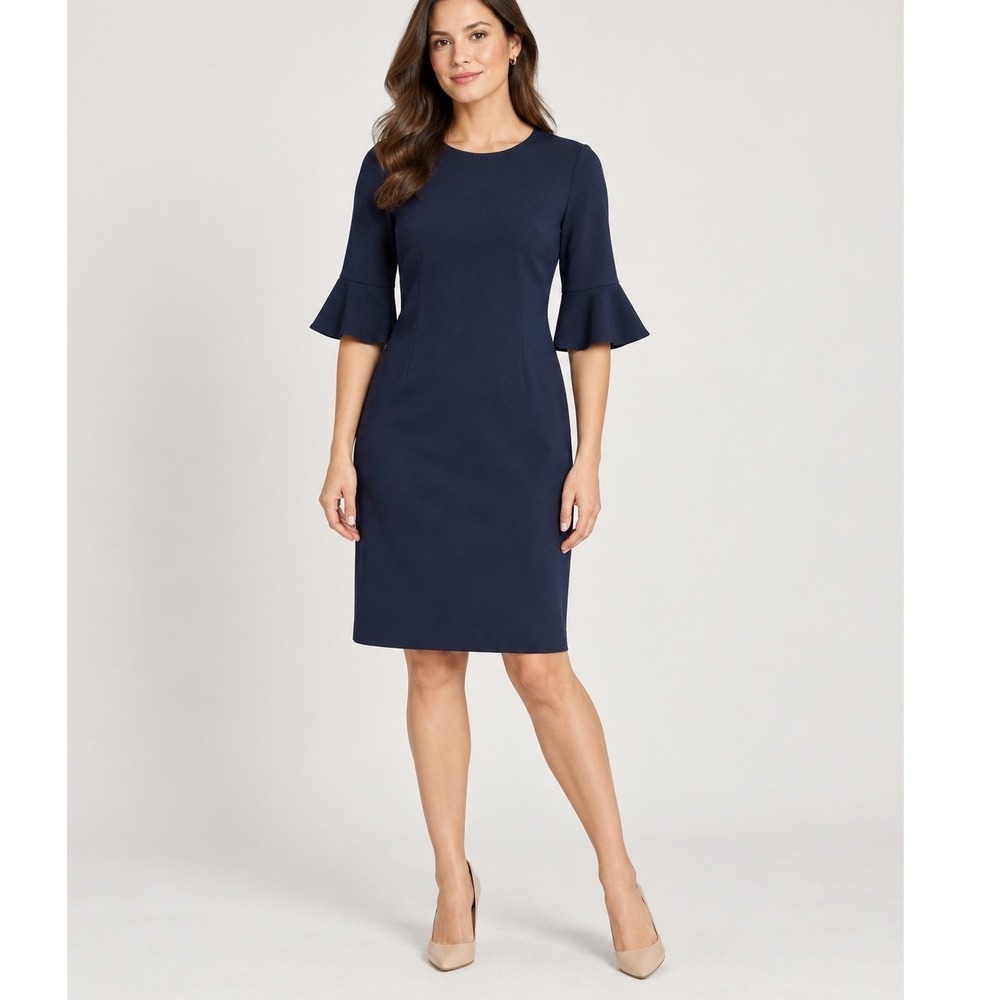 Banana Republic Navy Blue Ponte Ruffle Cuff Sheath Dress 2 Business Professional